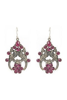 White Finish Pink Stone Dangler Earrings In Sterling Silver
