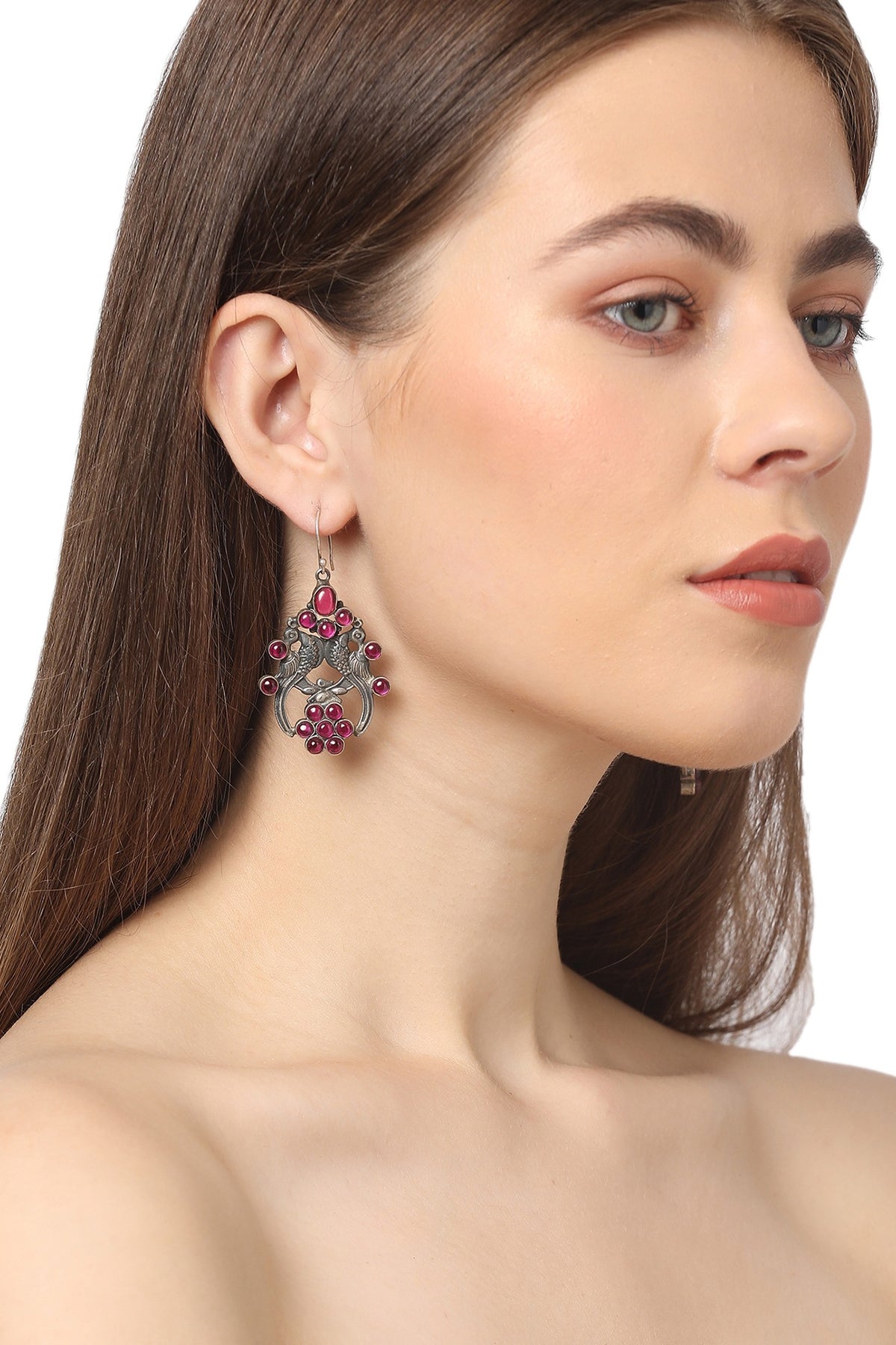 White Finish Pink Stone Dangler Earrings In Sterling Silver