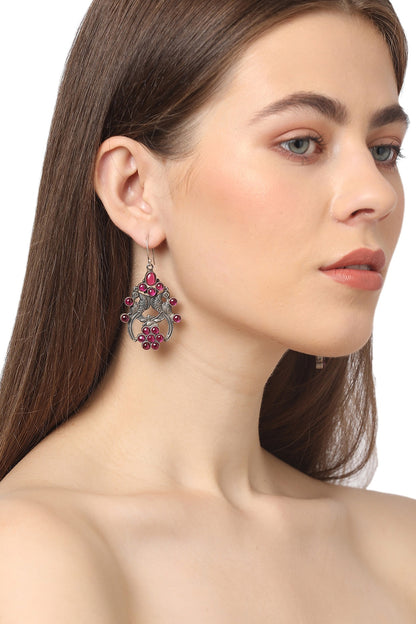White Finish Pink Stone Dangler Earrings In Sterling Silver
