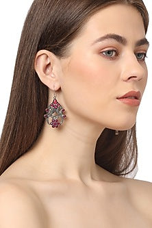 White Finish Pink Stone Dangler Earrings In Sterling Silver