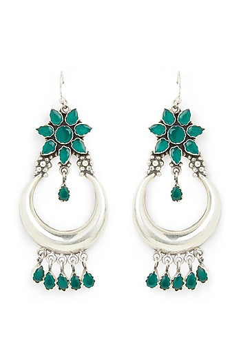 White Finish Synthetic Emerald Dangler Earrings In Sterling Silver