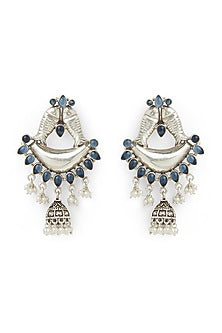 White Finish Blue Stone Stud Earrings In Sterling Silver