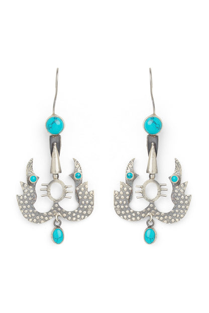 White Finish Turquoise Stone Dangler Earrings In Sterling Silver