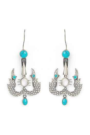 White Finish Turquoise Stone Dangler Earrings In Sterling Silver