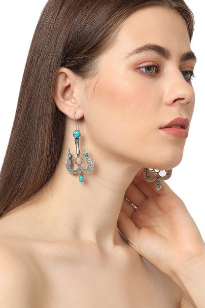 White Finish Turquoise Stone Dangler Earrings In Sterling Silver