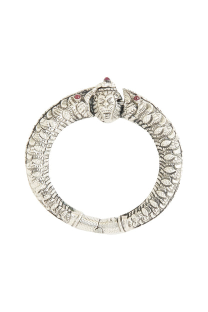 White Finish Synthetic Ruby Oxidised Bangle In Sterling Silver