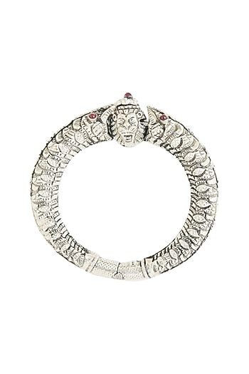 White Finish Synthetic Ruby Oxidised Bangle In Sterling Silver
