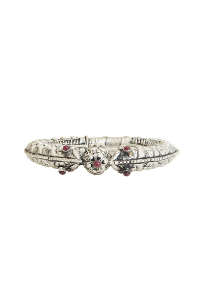 White Finish Synthetic Ruby Oxidised Bangle In Sterling Silver