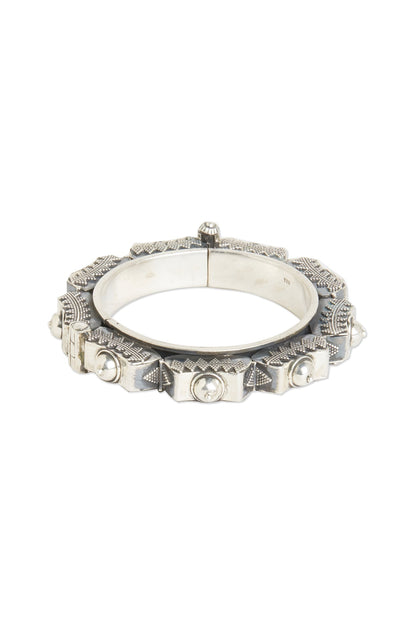 White Finish Oxidised Kada Bangle In Sterling Silver