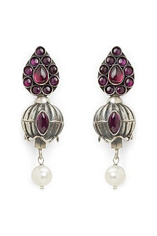 White Finish Pearl & Wine Stone Earrings In Sterling Silver