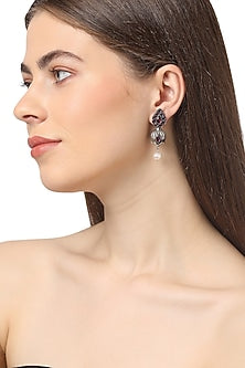 White Finish Pearl & Wine Stone Earrings In Sterling Silver