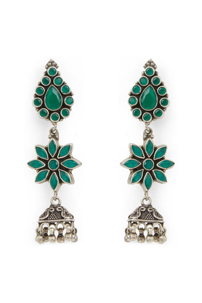 White Finish Synthetic Emerald Jhumka Earrings In Sterling Silver