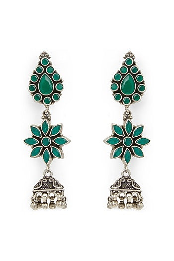 White Finish Synthetic Emerald Jhumka Earrings In Sterling Silver