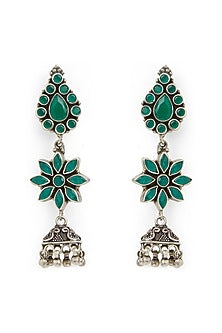 White Finish Synthetic Emerald Jhumka Earrings In Sterling Silver