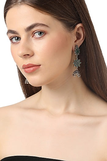 White Finish Synthetic Emerald Jhumka Earrings In Sterling Silver