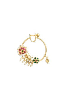 Gold Finish Pink & Green Stone Nose Ring In Sterling Silver