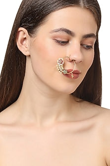 Gold Finish Pink & Green Stone Nose Ring In Sterling Silver