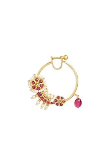 Gold Plated Pearl & Maroon Stone Nose Ring In Sterling Silver