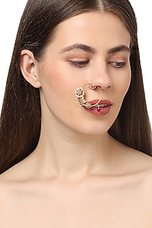 Gold Plated Pearl & Maroon Stone Nose Ring In Sterling Silver