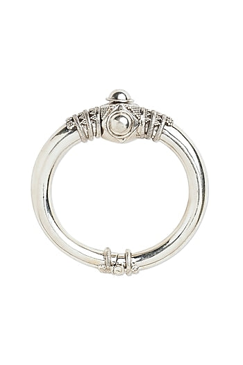 White Finish Rawa Patterned Oxidised Kada Bangle In Sterling Silver