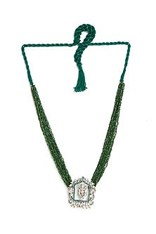 White Finish Synthetic Emerald Long Necklace In Sterling Silver