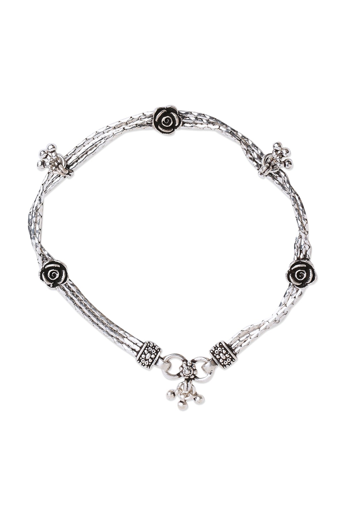 White Finish Floral Anklet In Sterling Silver