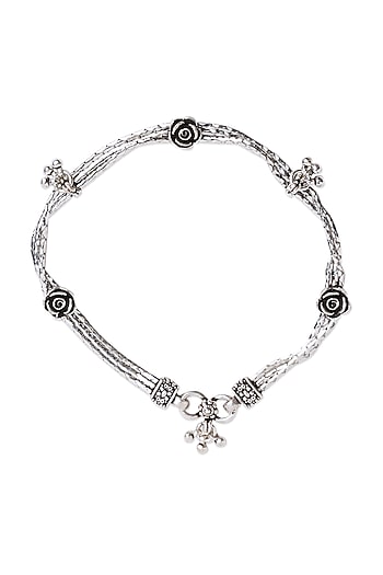 White Finish Floral Anklet In Sterling Silver
