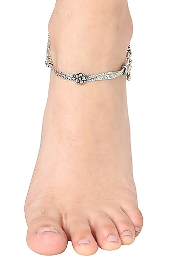 White Finish Rose Anklet In Sterling Silver