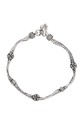 White Finish Rose Anklet In Sterling Silver