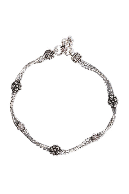 White Finish Rose Anklet In Sterling Silver