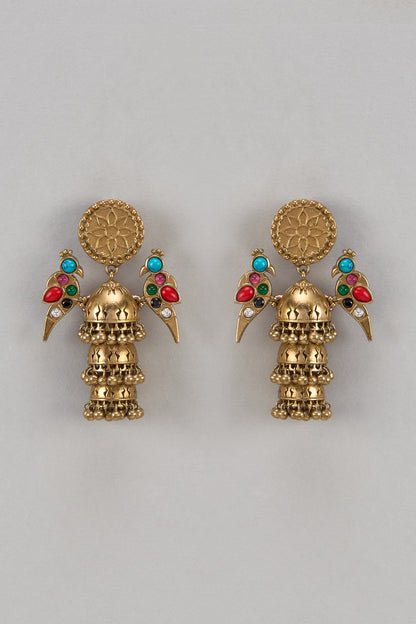 Gold Finish Multi-Colored Synthetic Stone Temple Layered Temple Jhumka Danglers Earrings