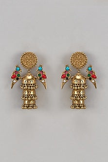 Gold Finish Multi-Colored Synthetic Stone Temple Layered Temple Jhumka Danglers Earrings