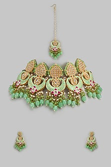 Gold Finish Kundan Polki & Aqua Stone Choker Necklace Set