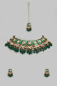 Gold Kundan Polki & Green Stone Meenakari Choker Necklace Set