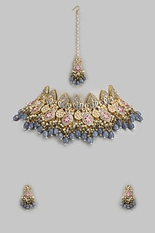Gold Kundan Polki & Grey Stone Choker Necklace Set