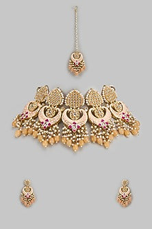 Gold Kundan Polki & Peach Stone Choker Necklace Set