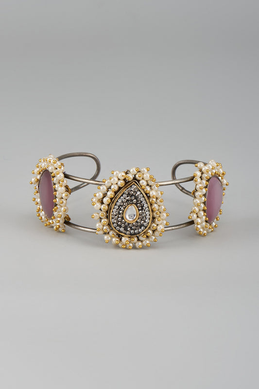 Gold Finish Kundan Polki & Pearl Cuff