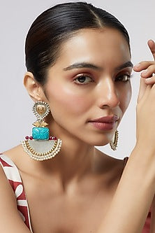 Two Tone Finish Turquoise Stone & Pearl Temple Chandbali Earrings