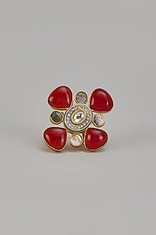 Gold Finish Red Monalisa Stone & Kundan Polki Ring
