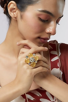 Gold Finish Yellow Monalisa Stone & Kundan Polki Ring