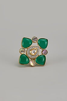 Gold Finish Green Monalisa Stone & Kundan Polki Ring