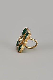 Gold Finish Green Monalisa Stone & Kundan Polki Ring