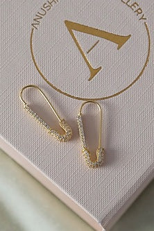 Gold Finish Zircon Safety Pin Dangler Earrings In Sterling Silver