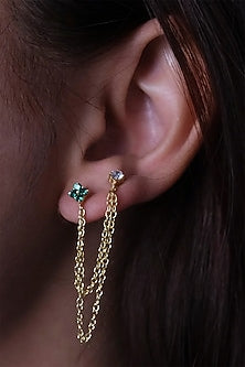 Gold Finish Zircon Chain Stud Earrings In Sterling Silver