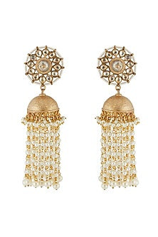 Gold Finish Kundans & Pearl Long Jhumki Earrings