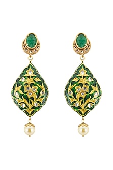 Gold Finish Green Enamled Earrings