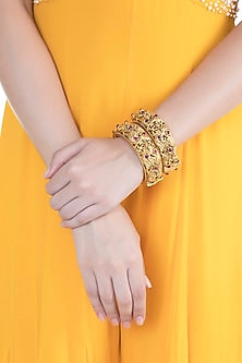 Gold Finish Onyx Stones Carved Bangles