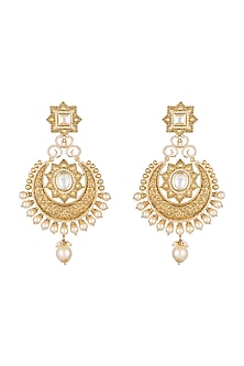 Gold Finish Pearls & Kundan Carved Chandbali Earrings