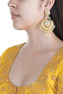 Gold Finish Pearls & Kundan Carved Chandbali Earrings