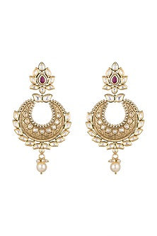 Gold Finish Onyx Stones, Kundan & Pearls Carved Chandbali Earrings